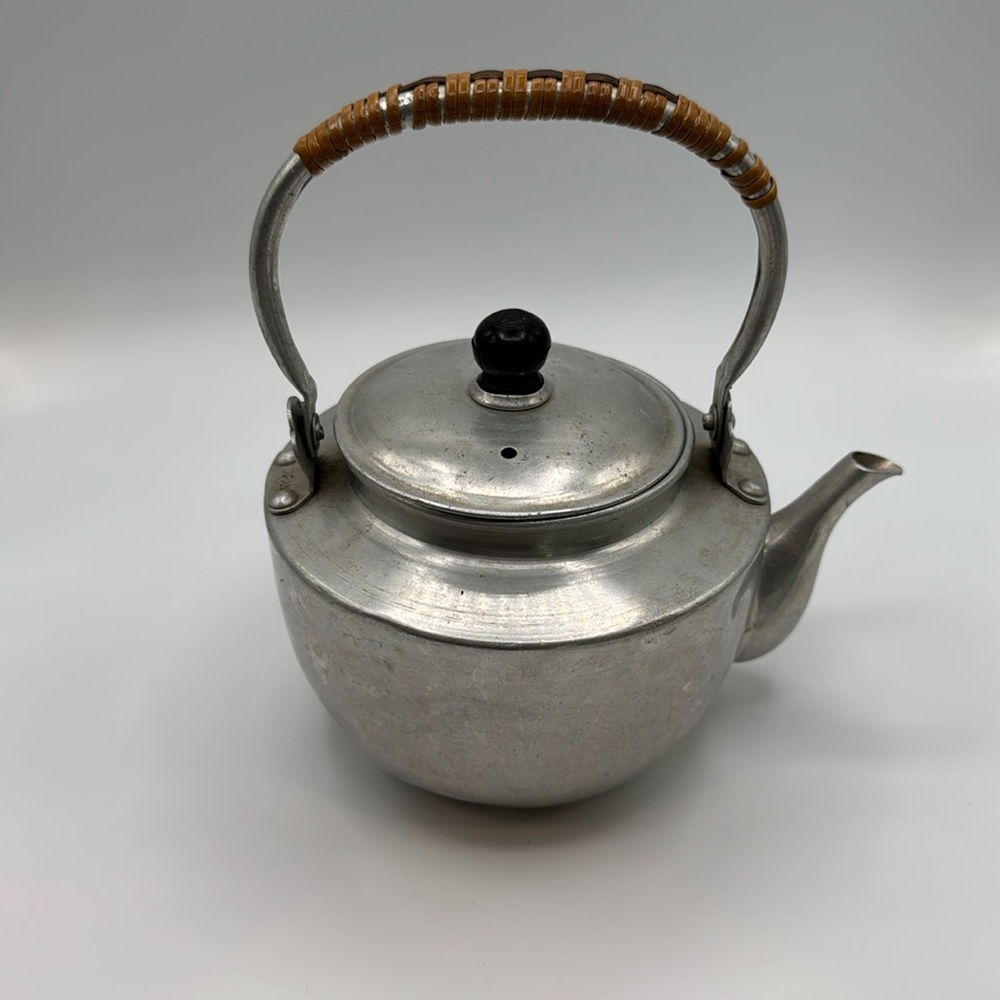 Vintage Aluminum Tea Pot Bamboo Handle Hot Water Tea Kettle